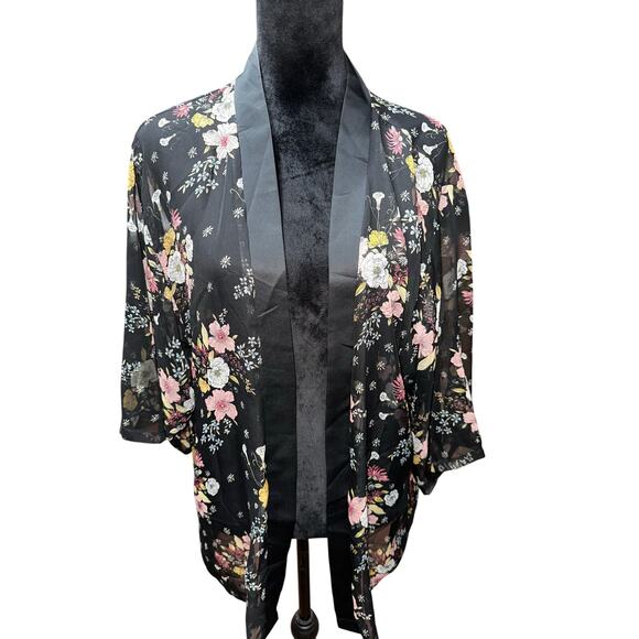 Mudd Kimono Black Floral Sheer Satin Trim One Size Dark Romantic Whimsygoth Boho - Picture 1 of 6